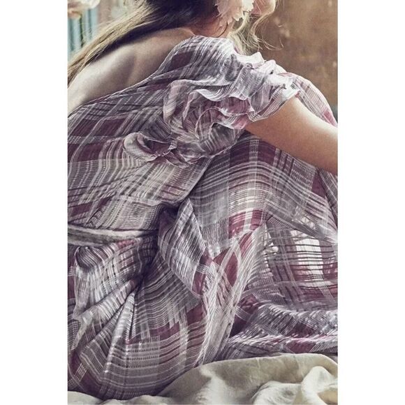 NWT Love Shack Fancy x  Free People Silk Sloane Blush Plaid Silk Maxi Dress XS - Picture 3 of 13
